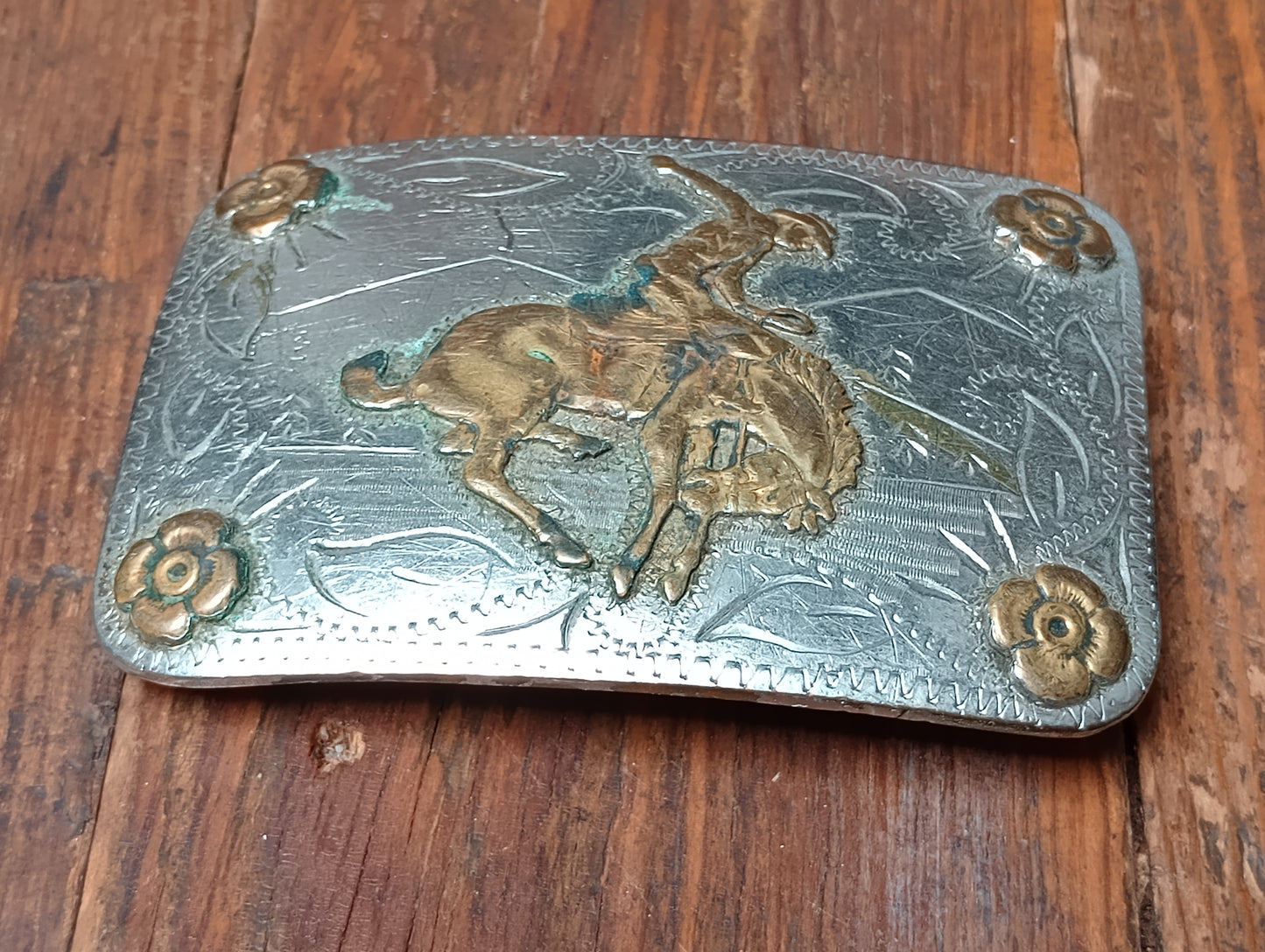 Vintage Buckin' Bronc Buckle with Floral Corners