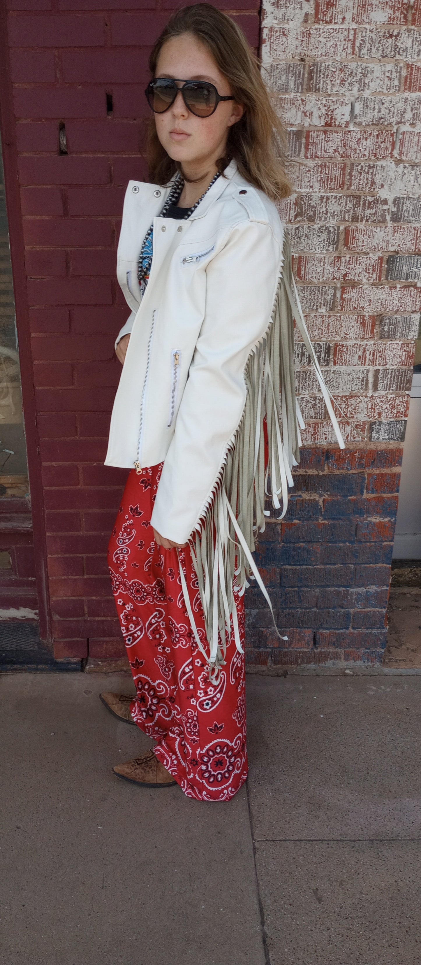 White Faux Leather Fringe Jacket Sz Lg