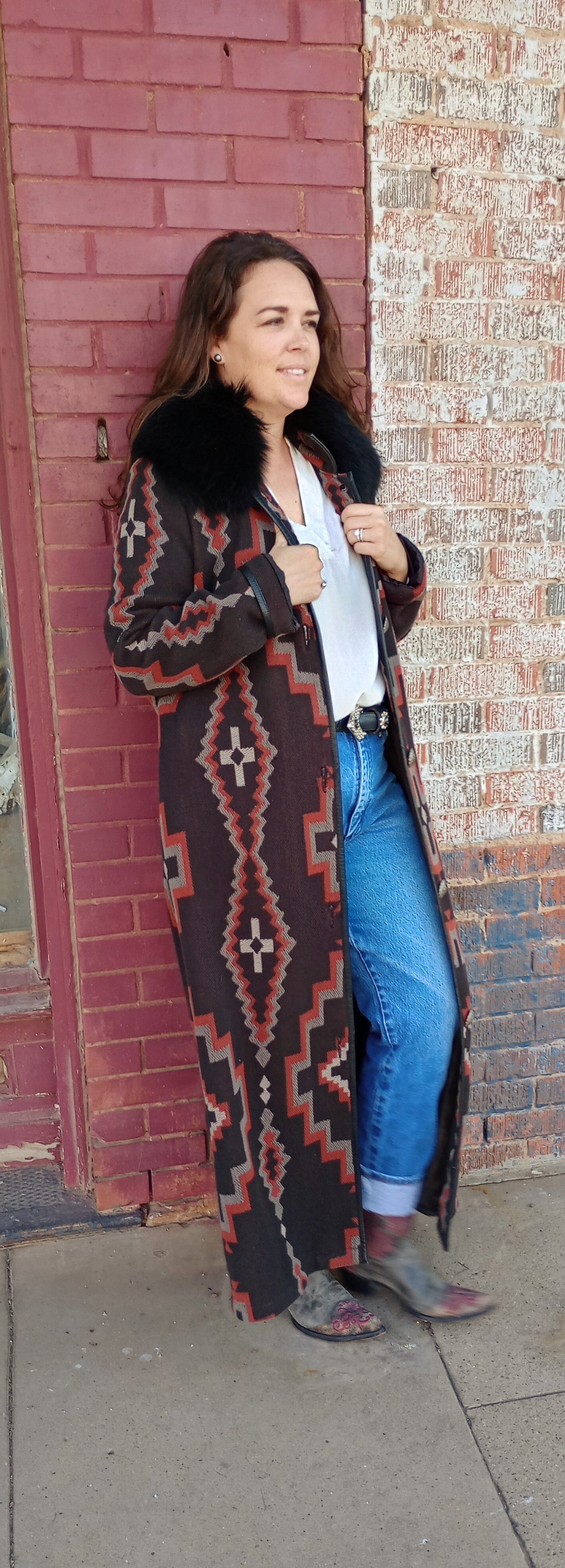 DD Ranchwear Long Blanket Look Coat with Fur Collar Sz XL