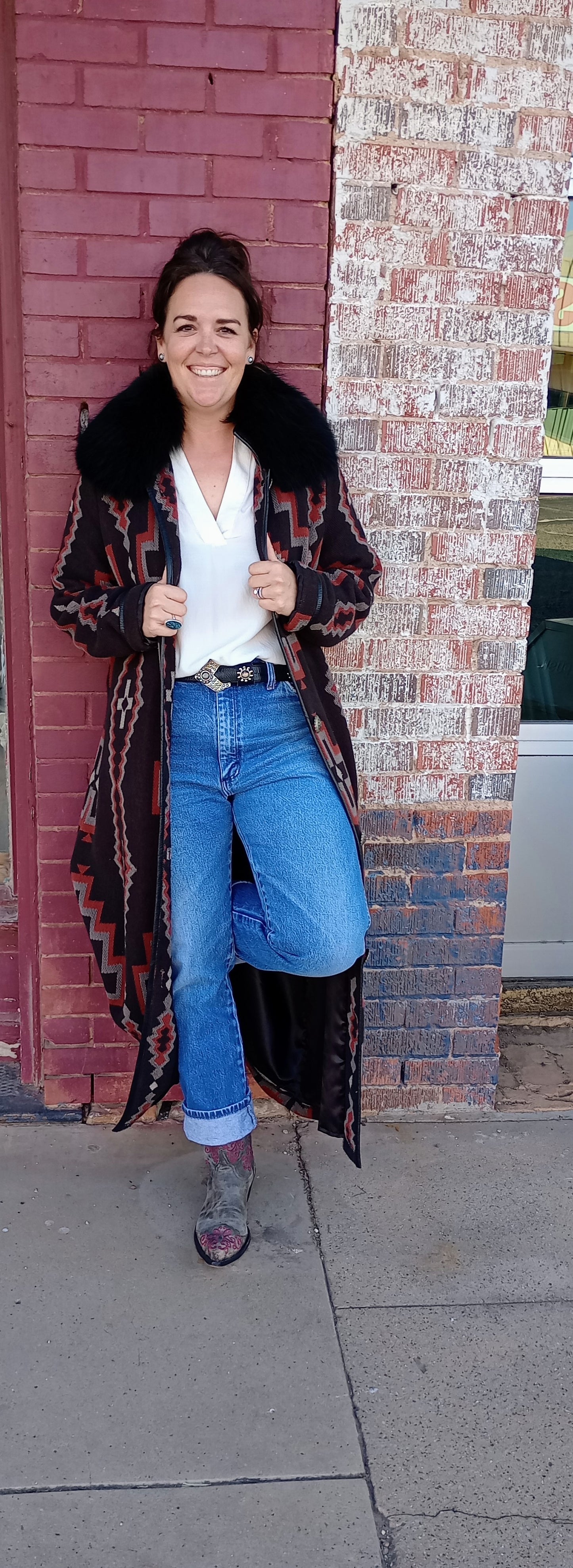 DD Ranchwear Long Blanket Look Coat with Fur Collar Sz XL