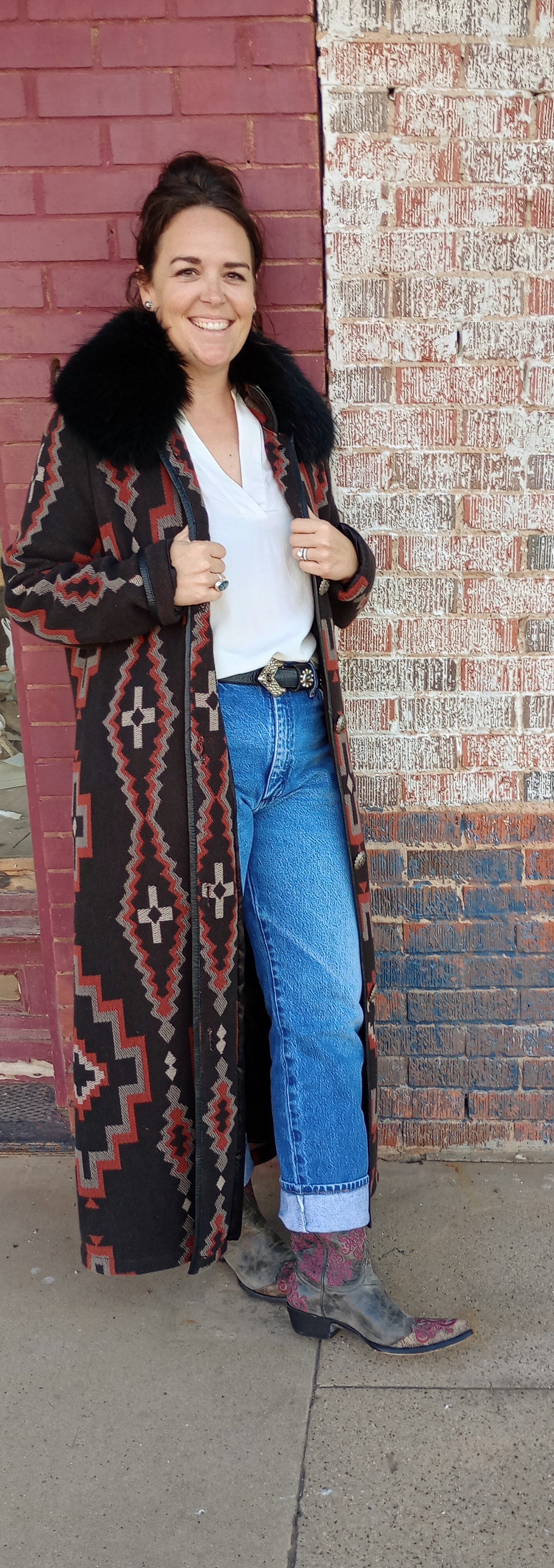 DD Ranchwear Long Blanket Look Coat with Fur Collar Sz XL