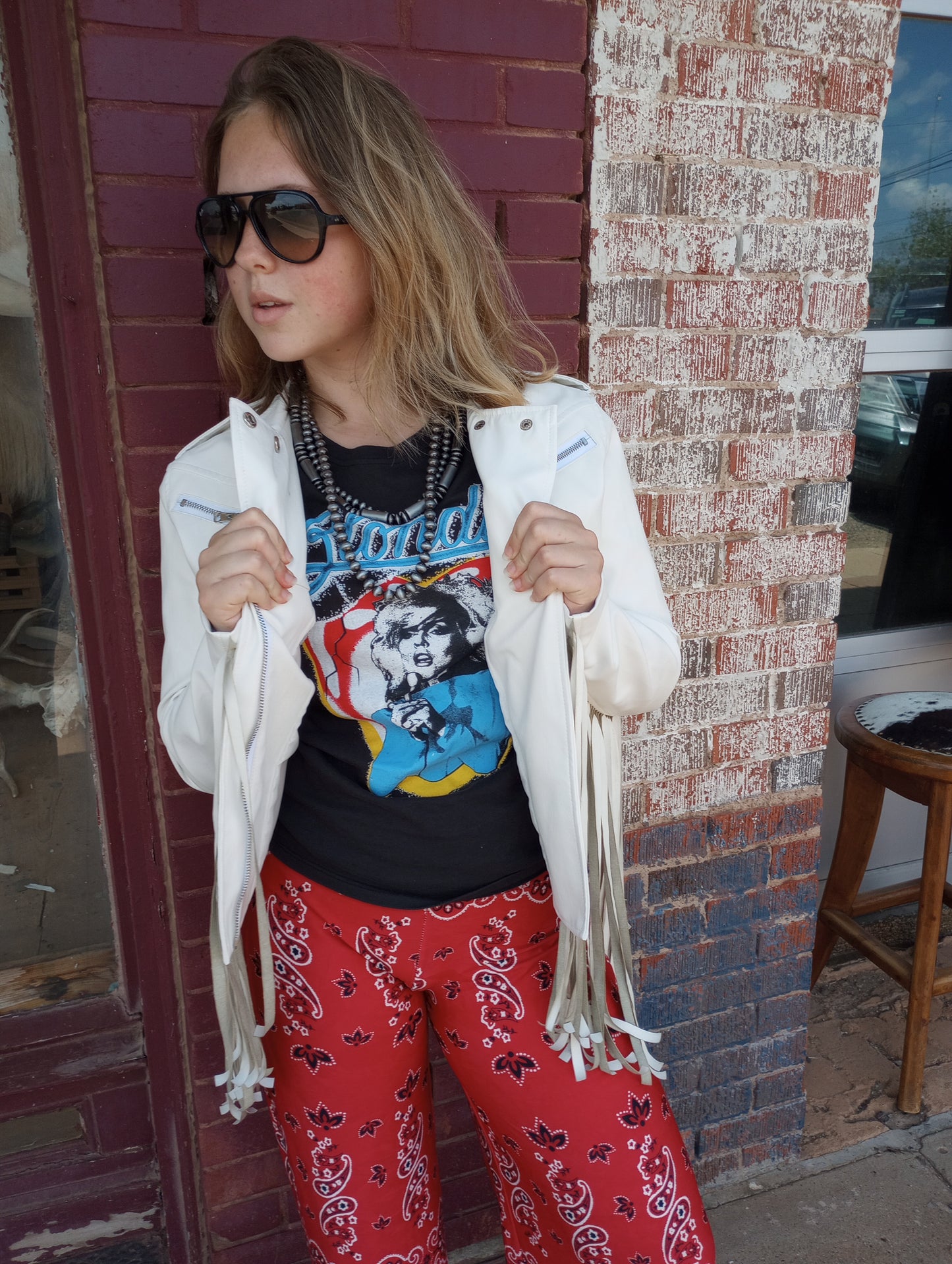 White Faux Leather Fringe Jacket Sz Lg