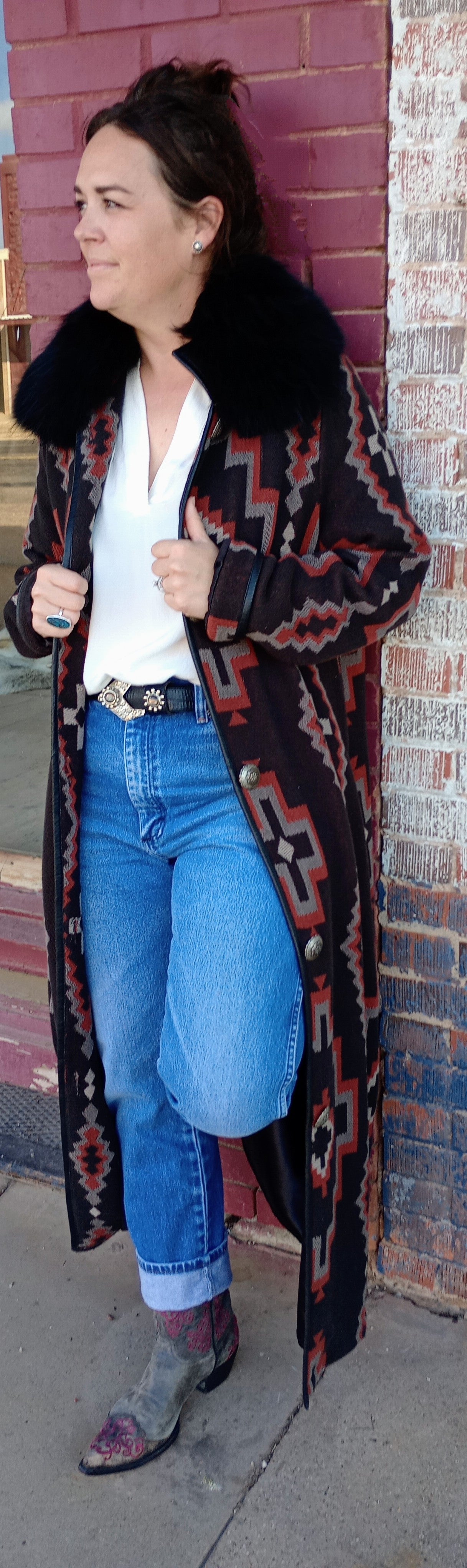 DD Ranchwear Long Blanket Look Coat with Fur Collar Sz XL