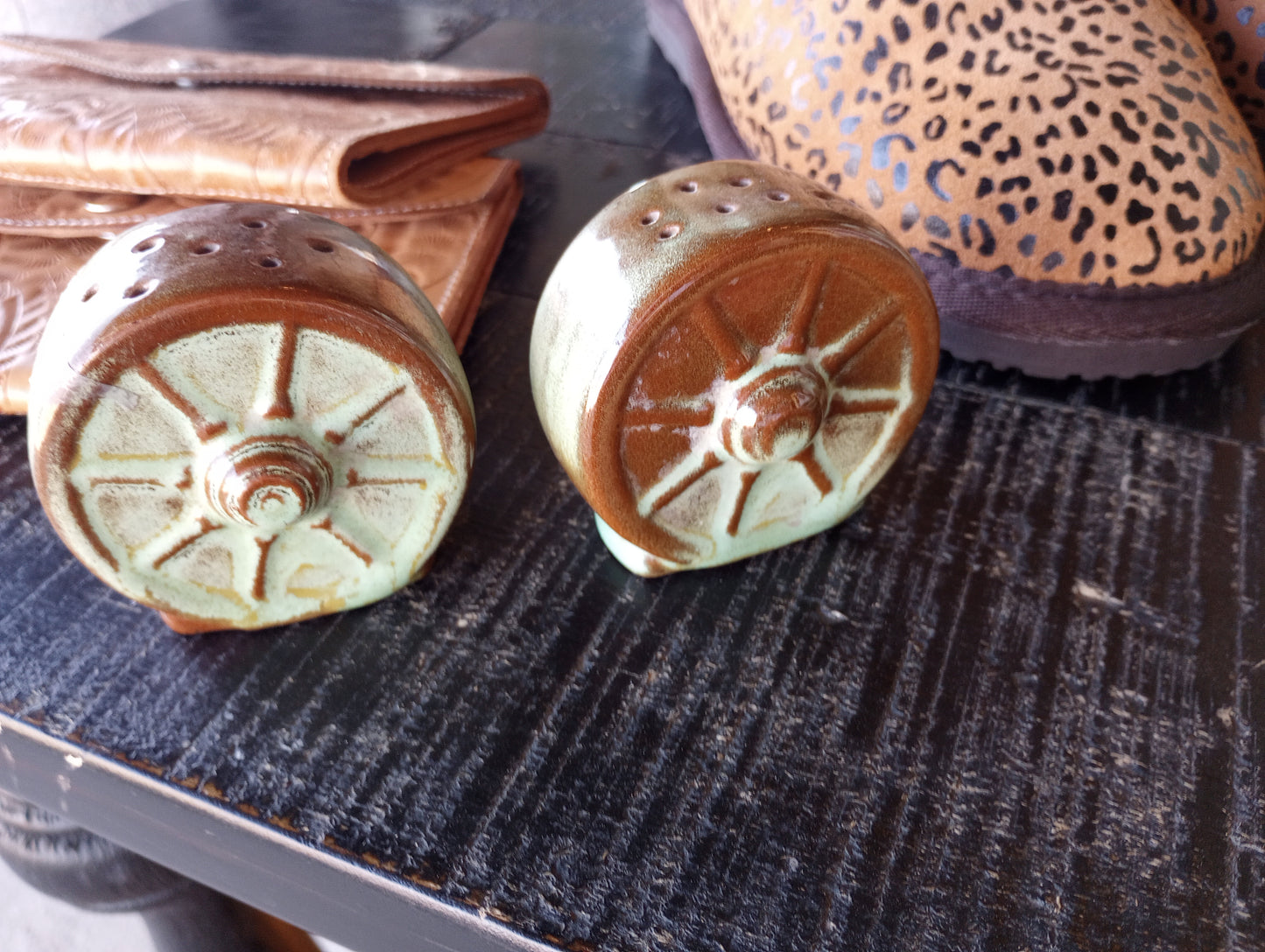 Vintage Frankoma Wagon Wheel Style Salt and Pepper Shaker Set