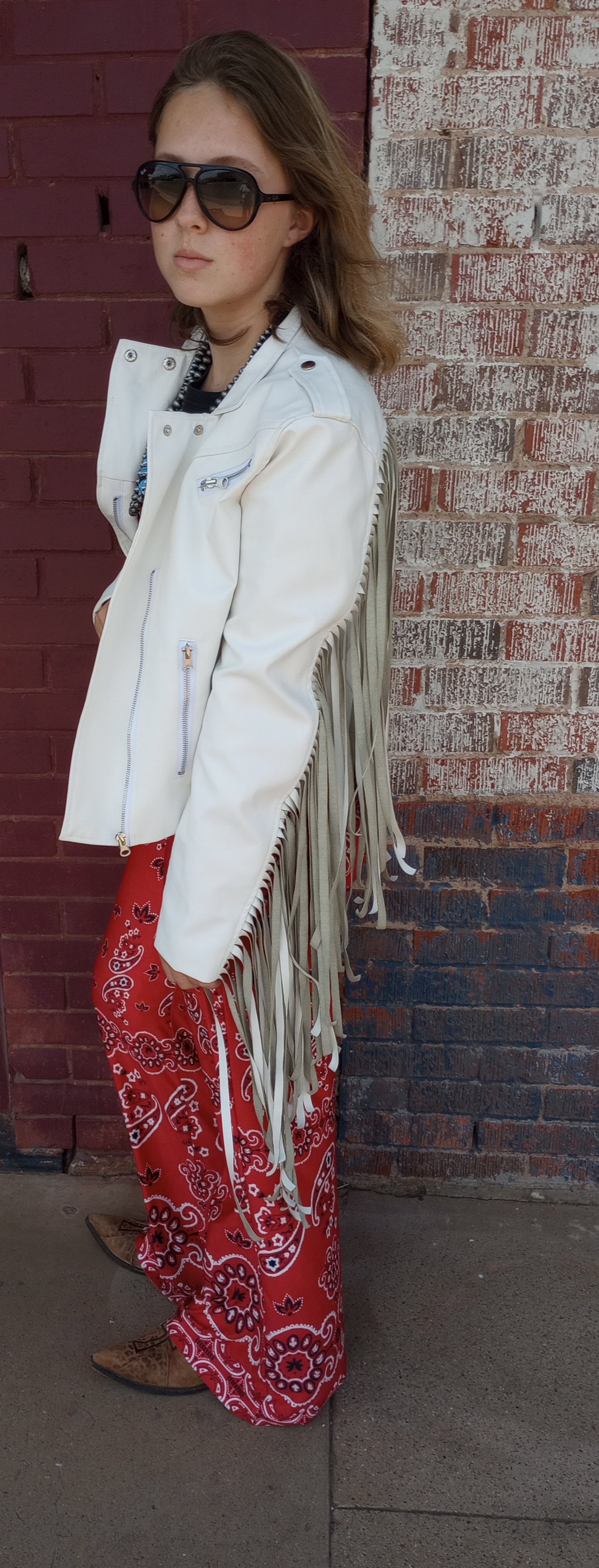 White Faux Leather Fringe Jacket Sz Lg