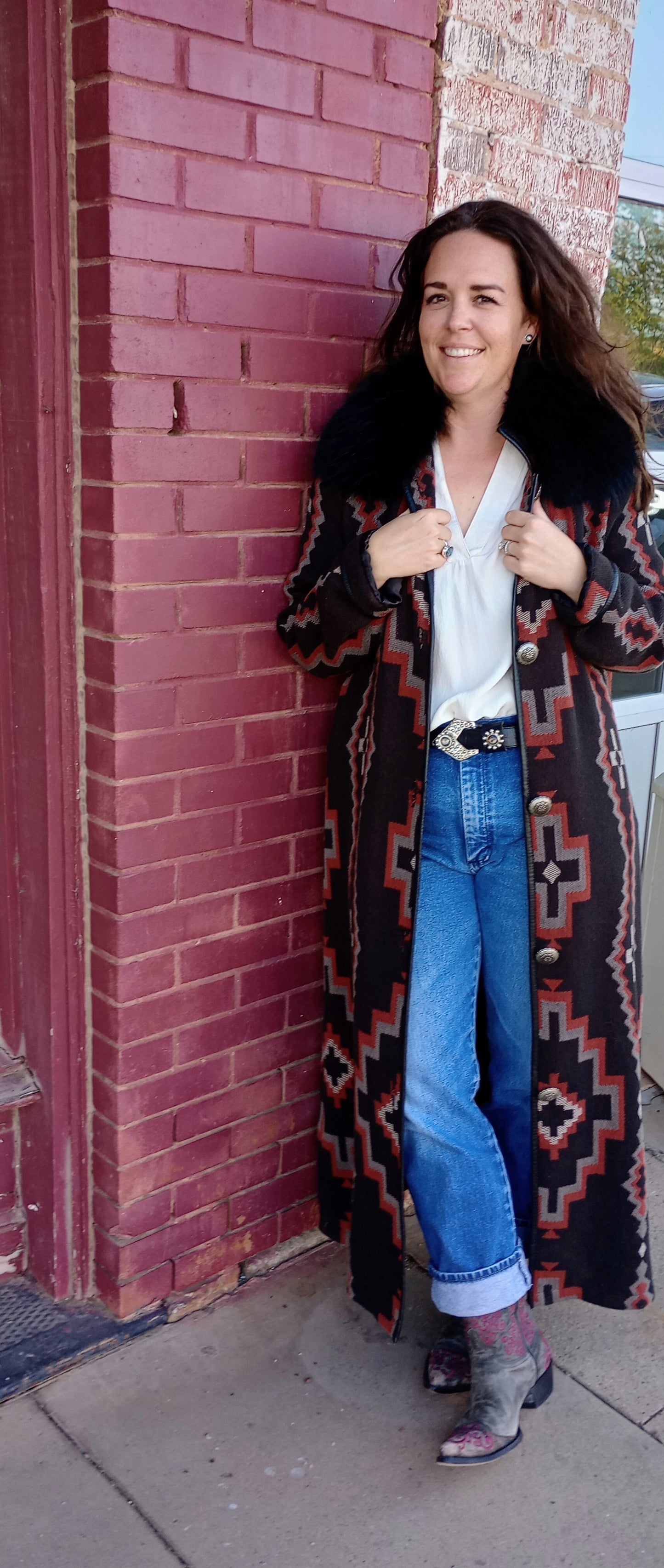DD Ranchwear Long Blanket Look Coat with Fur Collar Sz XL