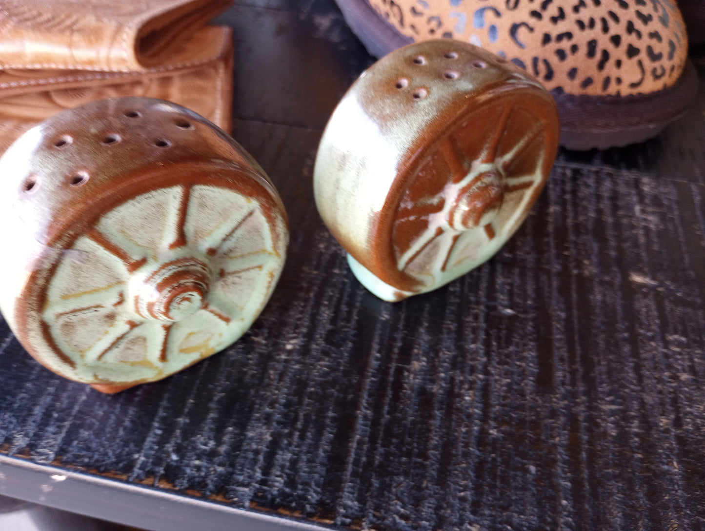 Vintage Frankoma Wagon Wheel Style Salt and Pepper Shaker Set