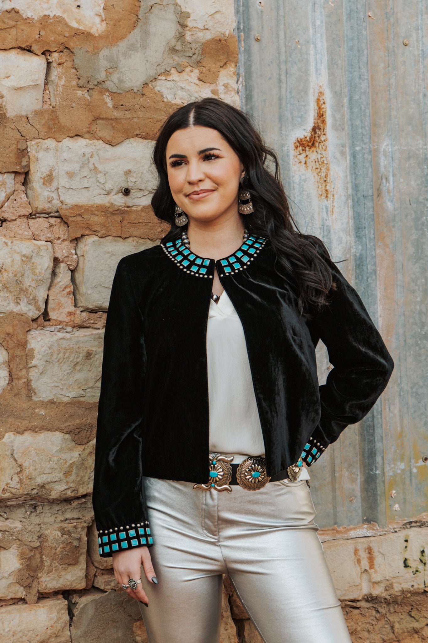 Vintage DD Ranchwear Black Velvet Jacket with Turquoise and Silver Stud Work Details Sz Medium