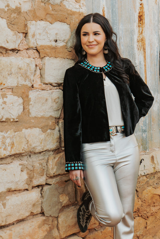 Vintage DD Ranchwear Black Velvet Jacket with Turquoise and Silver Stud Work Details Sz Medium