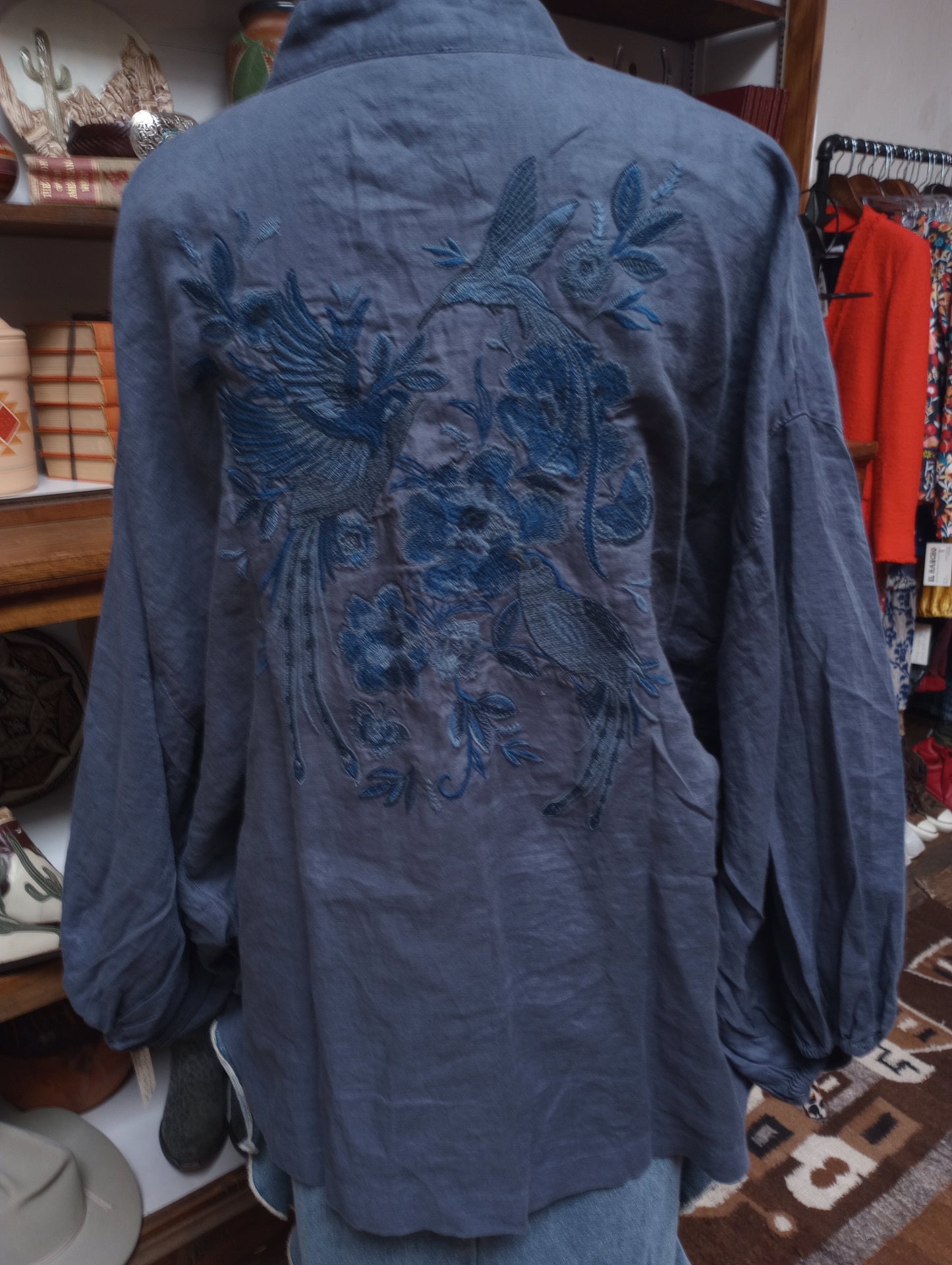 Heavily Embroidered Sundance Linen Cardigan in Brushed Navy