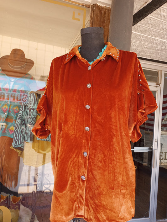 Burnt Orange Studded Velvet Like Blouse