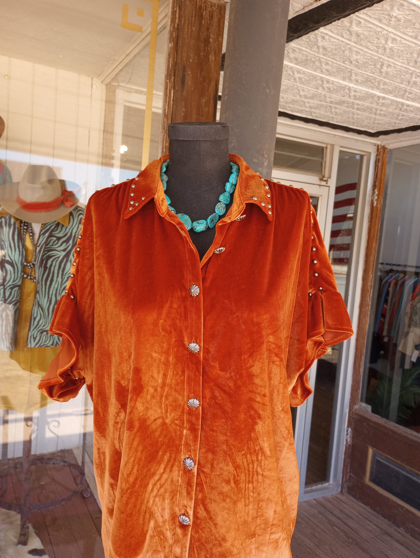 Burnt Orange Studded Velvet Like Blouse