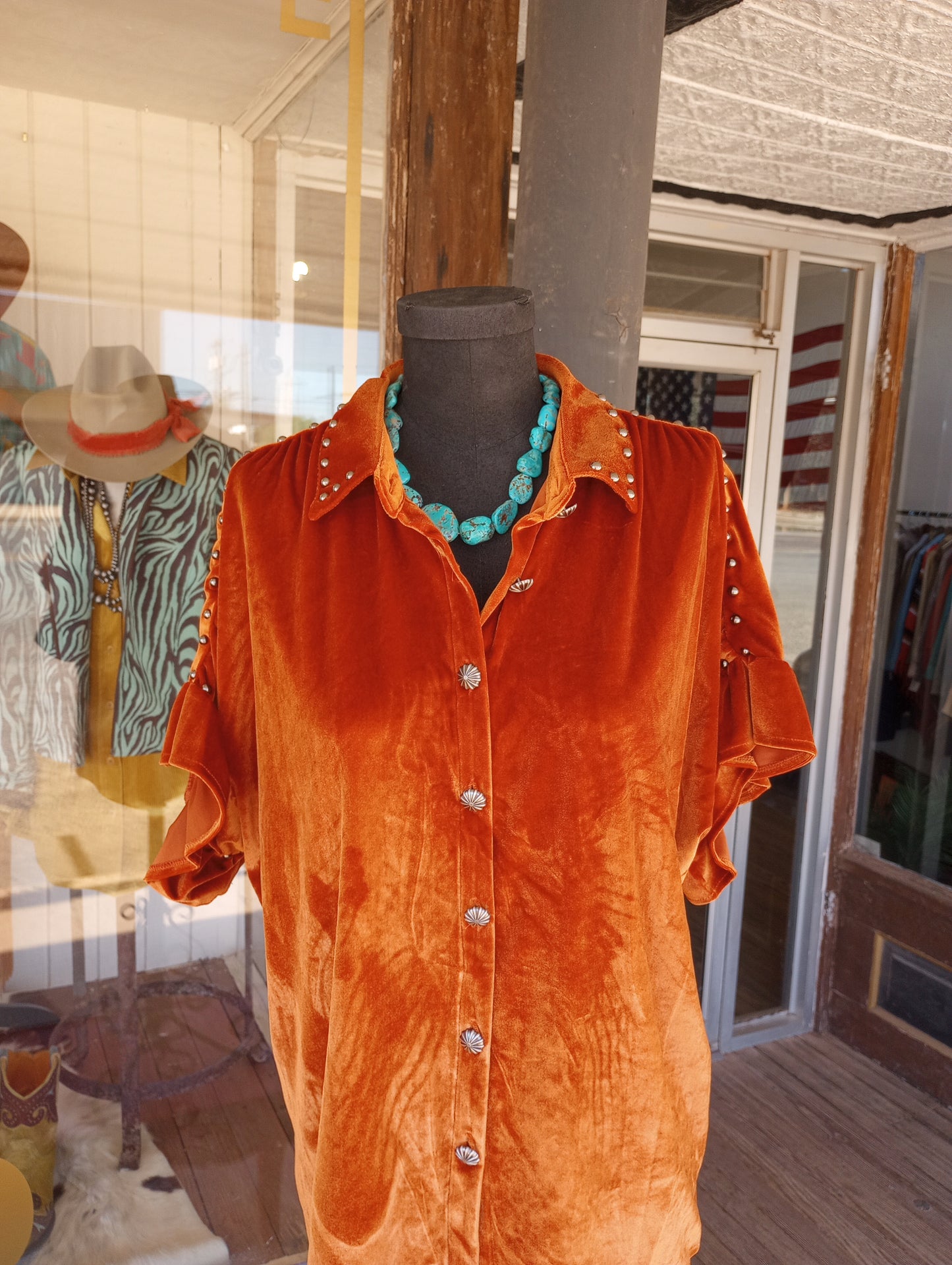 Burnt Orange Studded Velvet Like Blouse