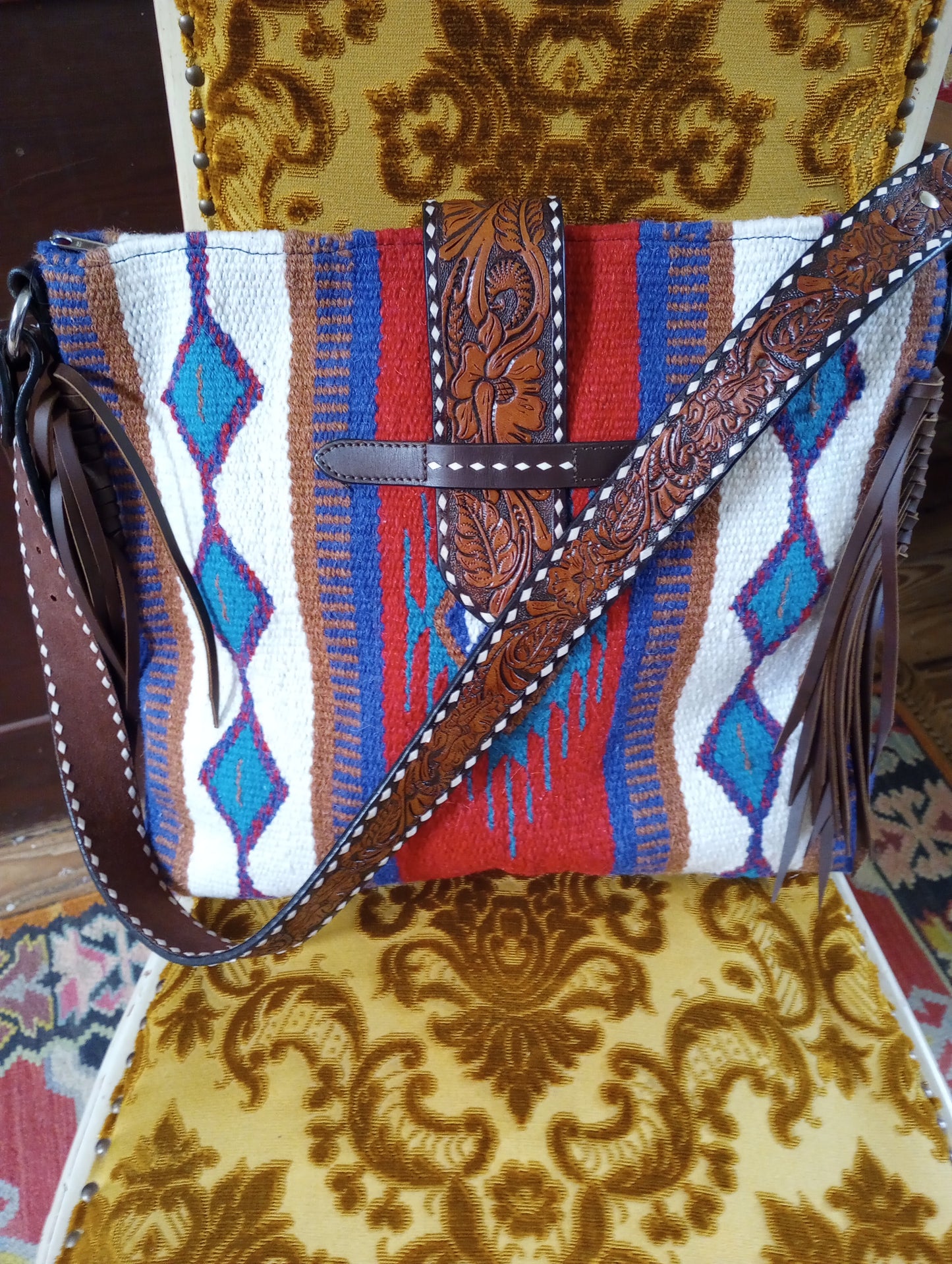 Woven Saddle Blanket Purse w/Tooled Leather Strap
