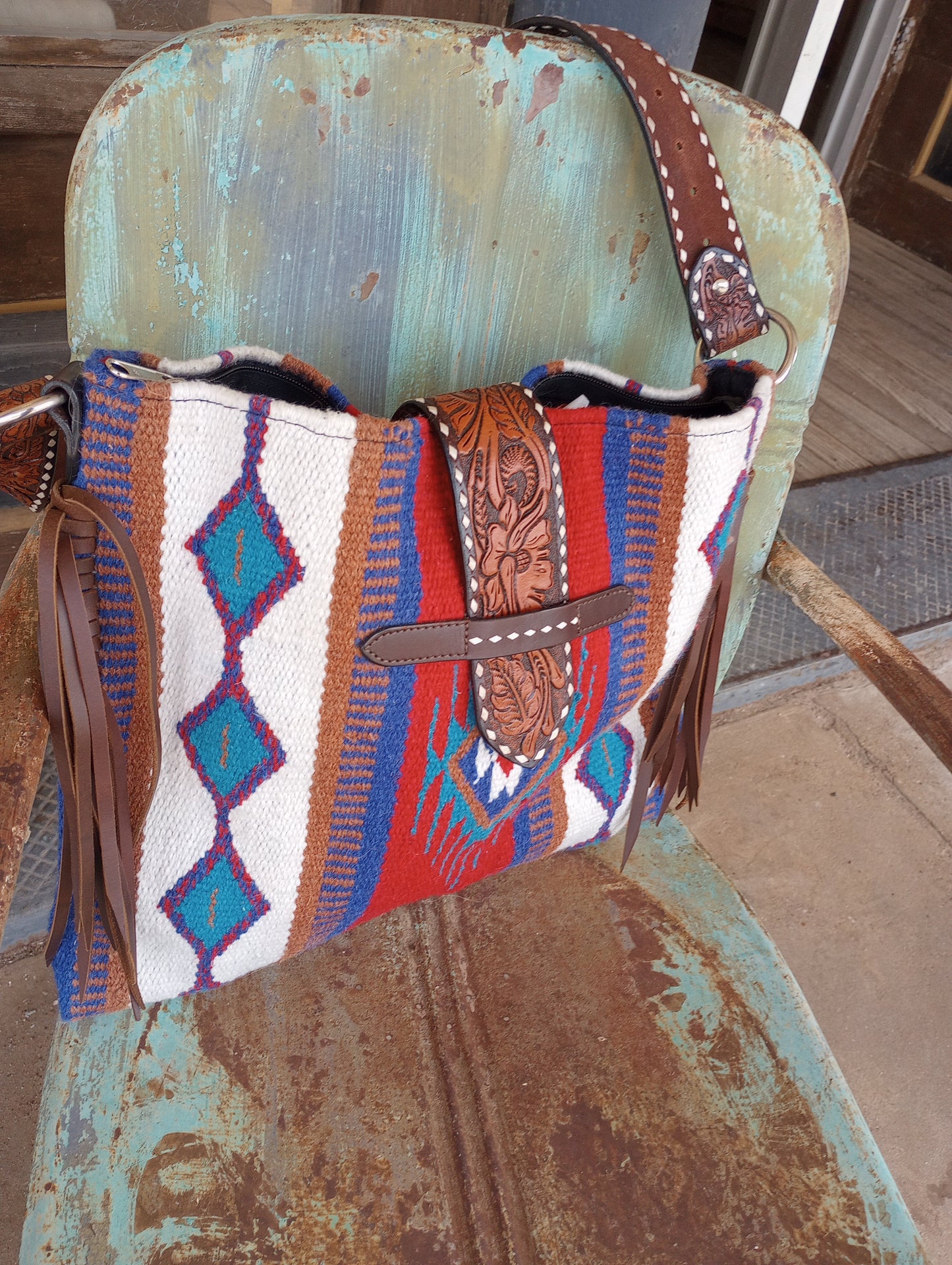 Woven Saddle Blanket Purse w/Tooled Leather Strap