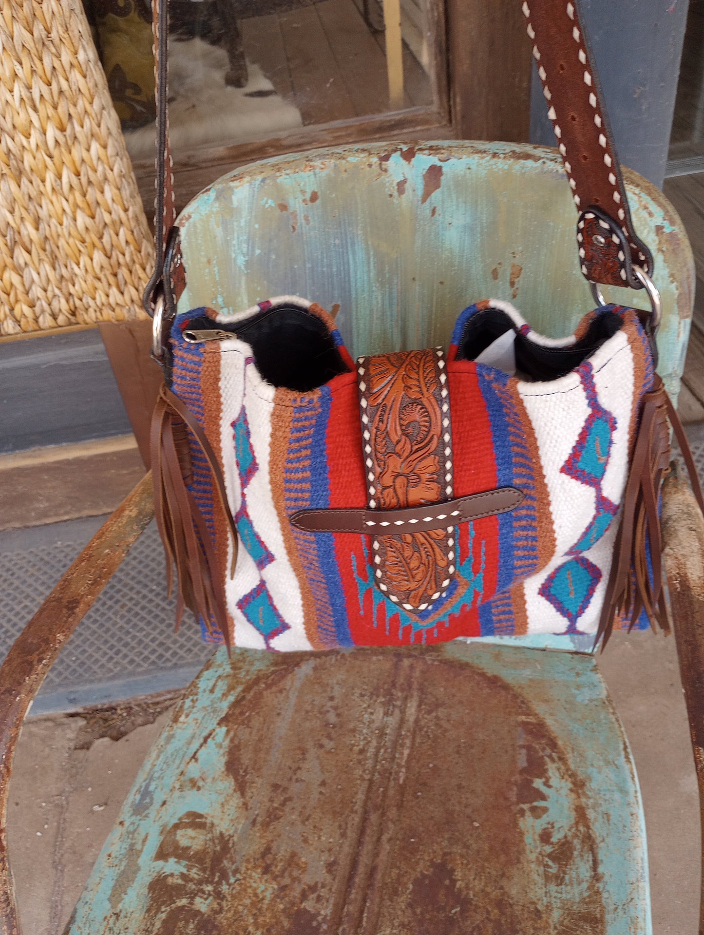 Woven Saddle Blanket Purse w/Tooled Leather Strap