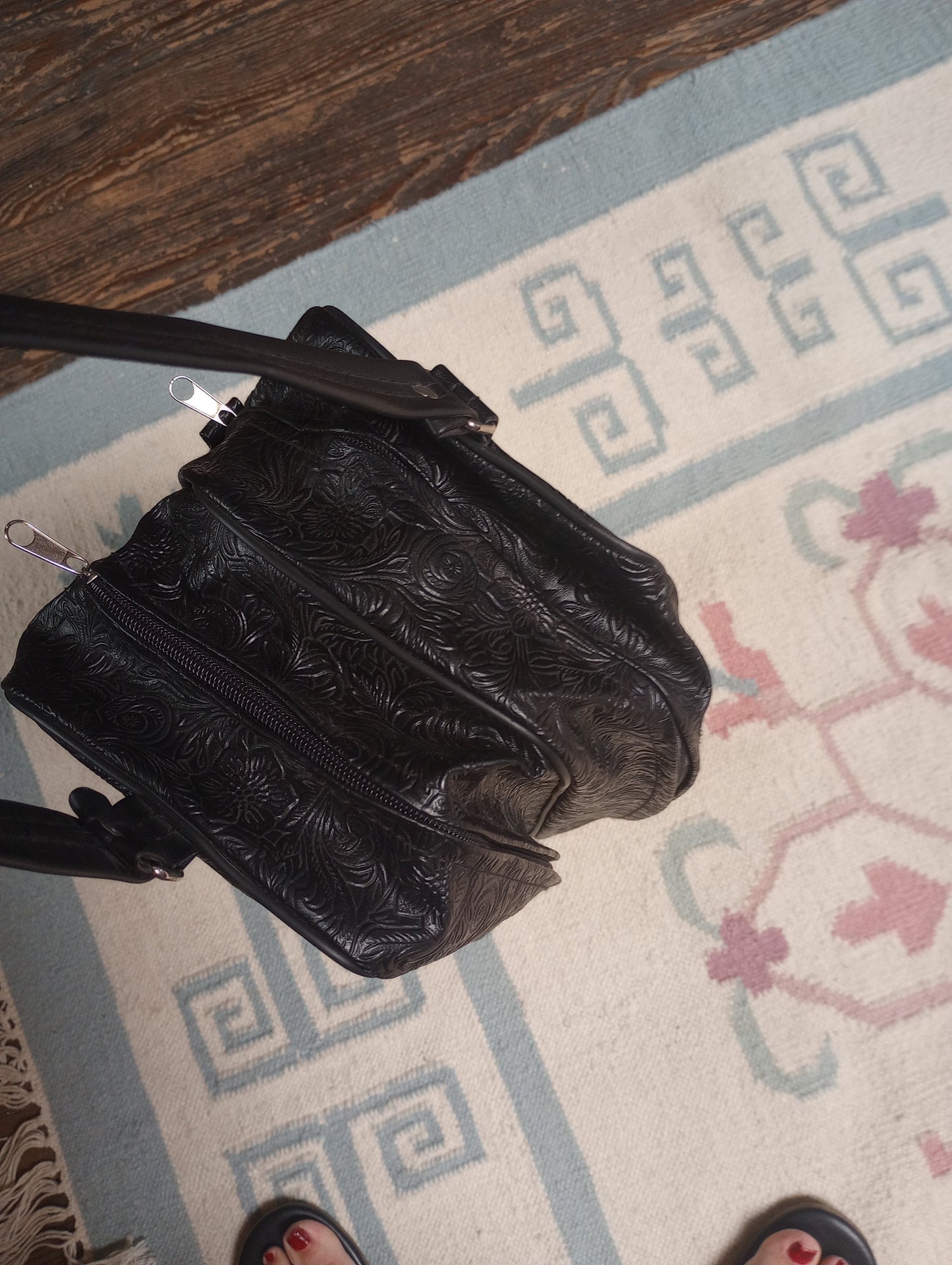 Black Faux Tooled Leather Boot Bag
