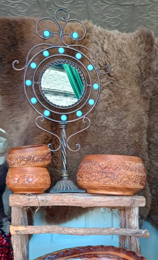 Turquoise and Burnished Copper Finish Pedestal Dressing Mirror