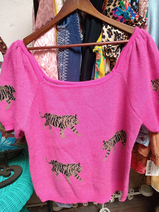 Tiger Puff Sleeve Sweater Sz XL