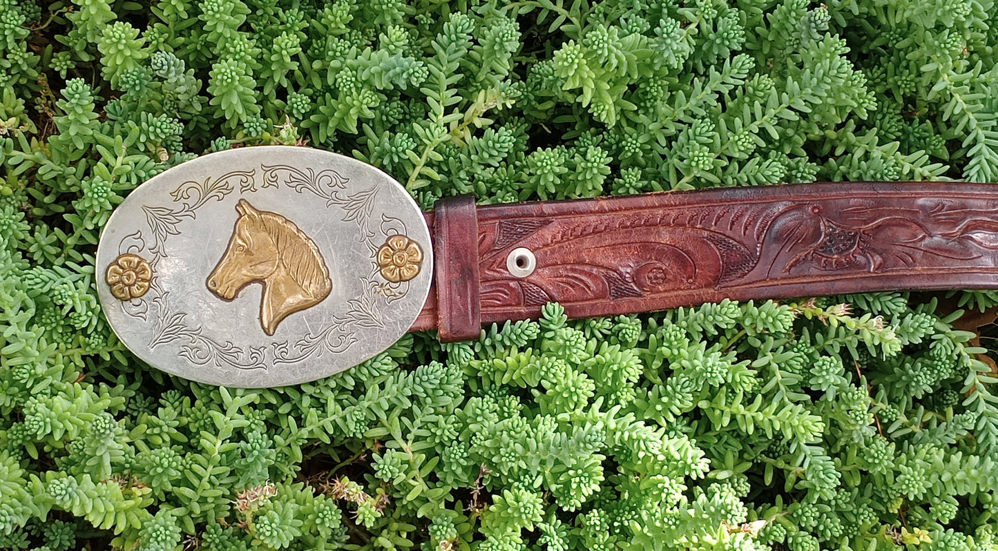 Vintage Horsehead Belt Buckle w/ Tooled Leather Belt