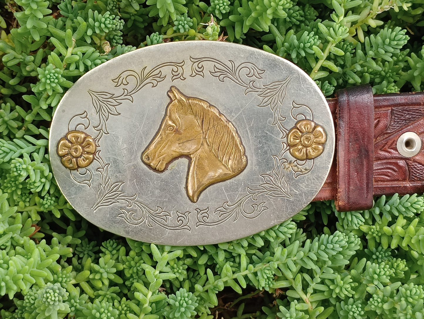 Vintage Horsehead Belt Buckle w/ Tooled Leather Belt
