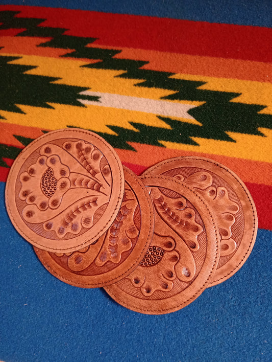 Set of 4 Floral Tooled Leather Coasters
