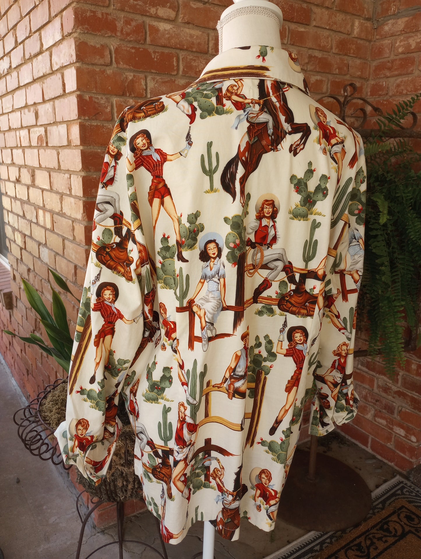Vintage Cowgirl Print Button Up Blouse