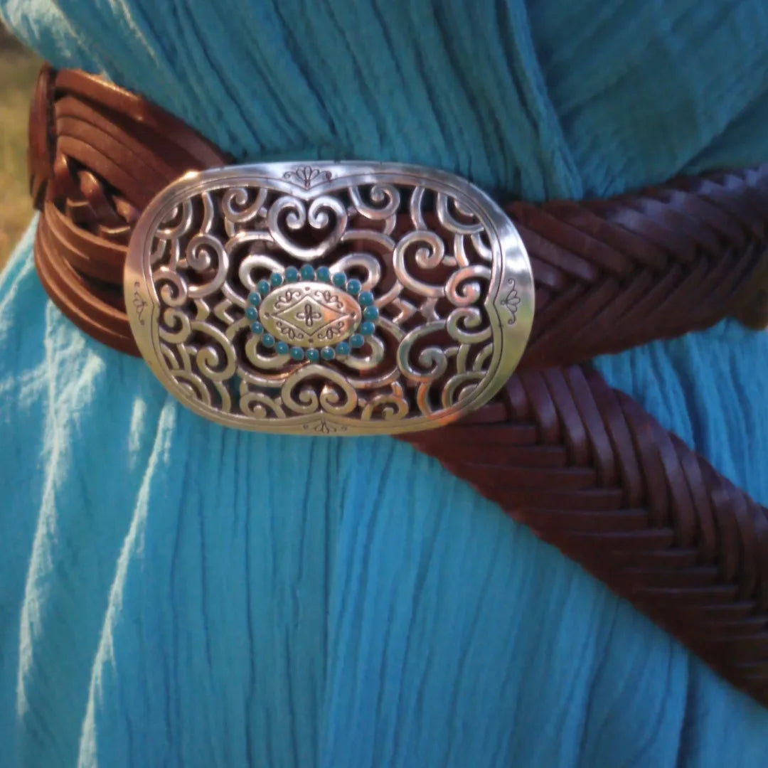 Woven Leather Belt w/ Etched Silver Buckle