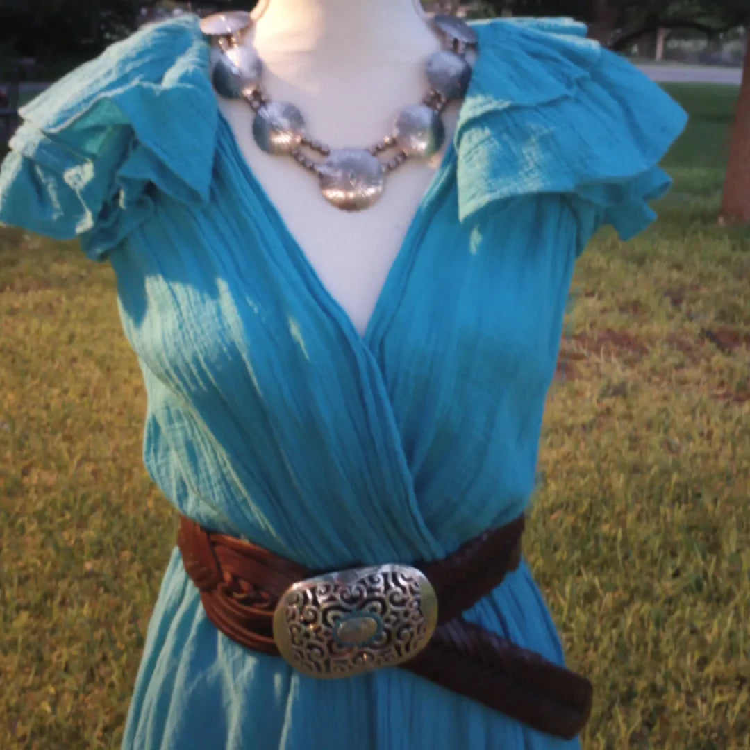Woven Leather Belt w/ Etched Silver Buckle