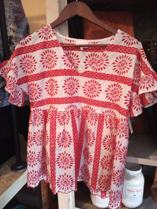 Red and White Eyelet Boutique Blouse