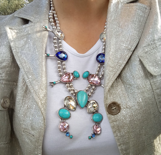 Faux Squash Blossom Necklace with Turquoise and Colored Gemstone blossoms