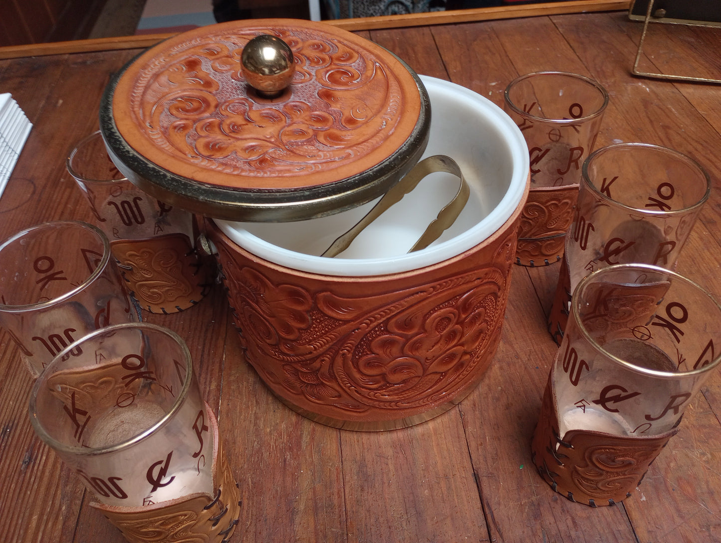 Vintage Tooled Leather Ice Bucket and Tumbler Set