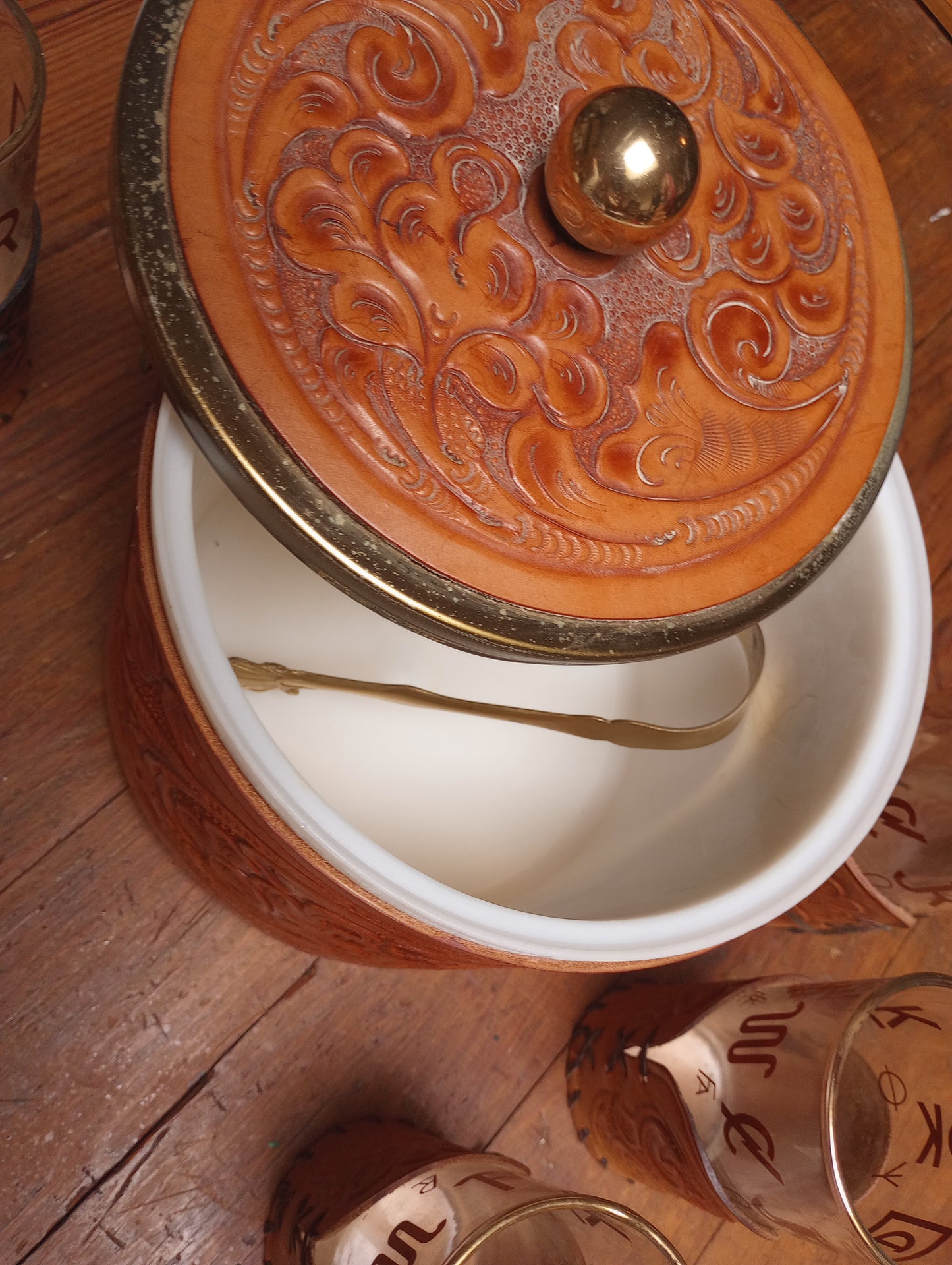 Vintage Tooled Leather Ice Bucket and Tumbler Set