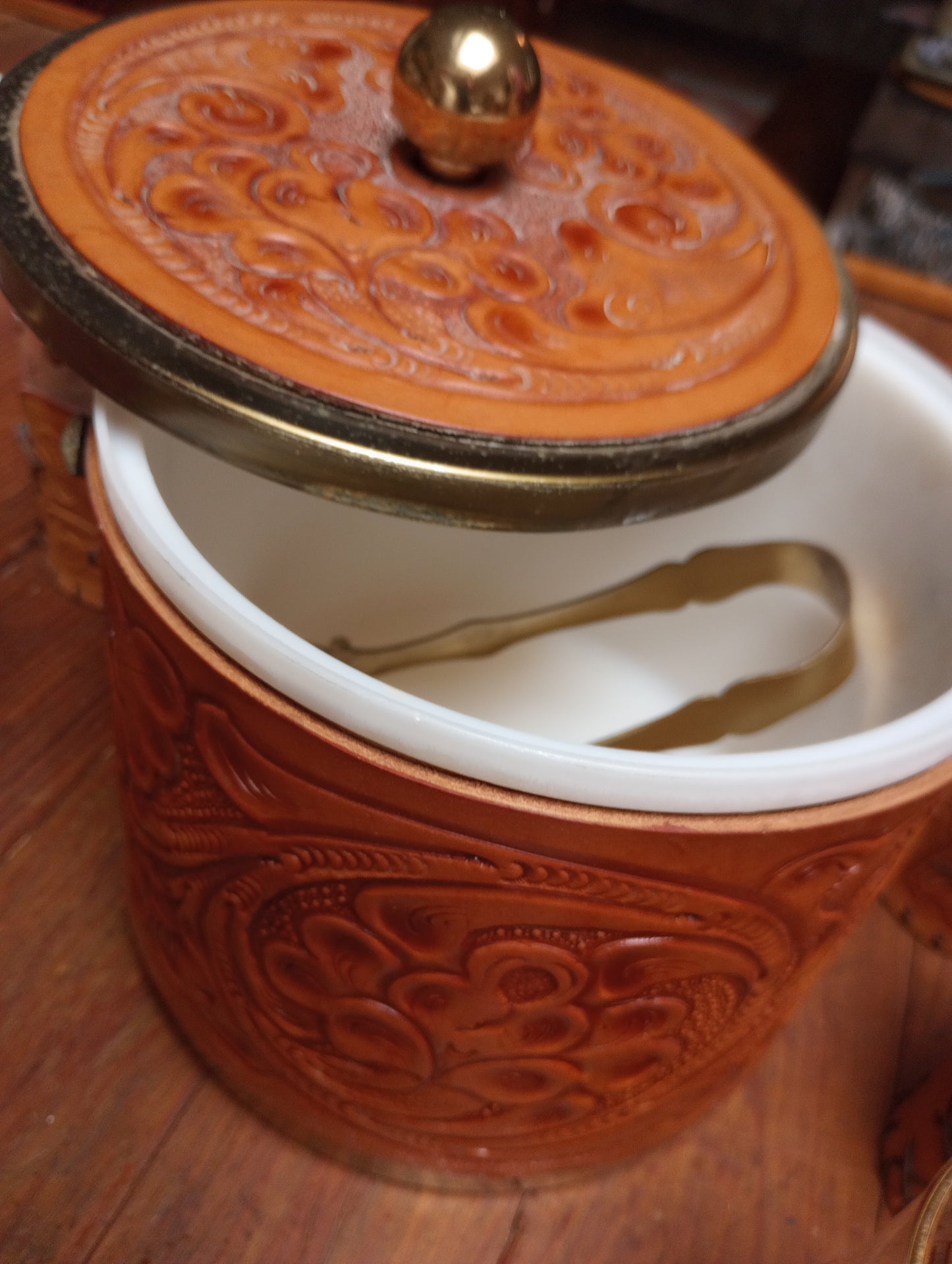 Vintage Tooled Leather Ice Bucket and Tumbler Set