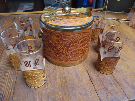 Vintage Tooled Leather Ice Bucket and Tumbler Set