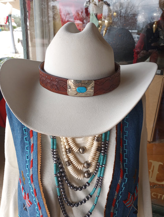 Vintage Leather hatband w/ Turquoise and Silver Center Concho