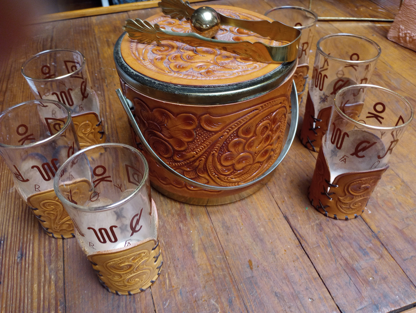 Vintage Tooled Leather Ice Bucket and Tumbler Set