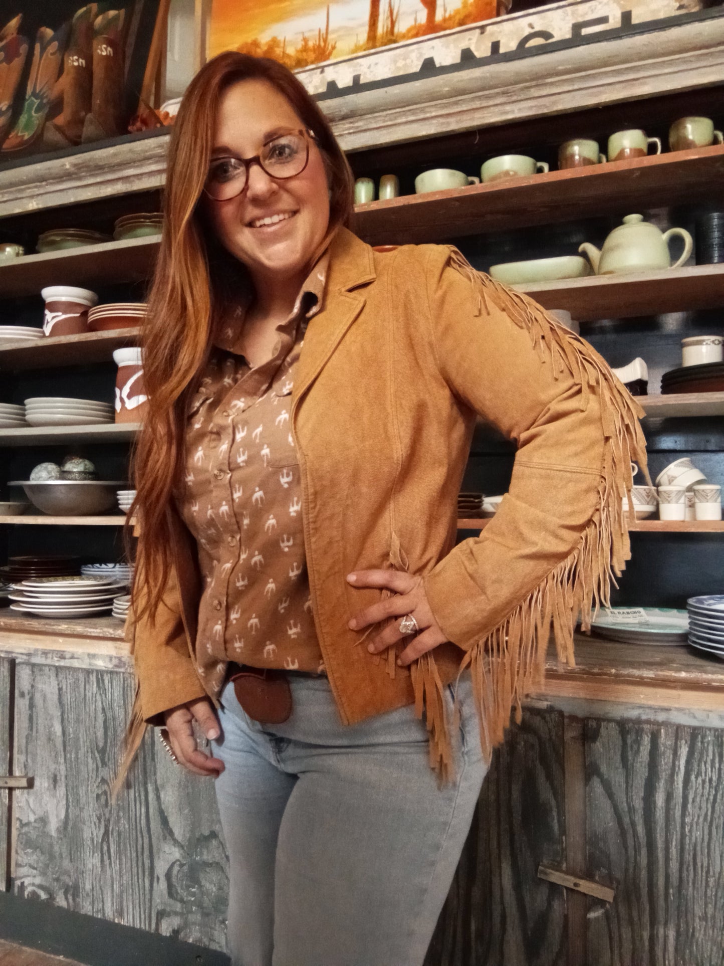 Honey Colored Suede Leather Jacket with Fringe, Fits like a Sz 8/10