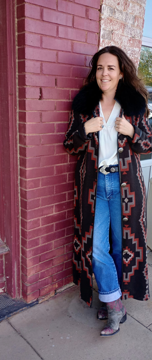 DD Ranchwear Long Blanket Look Coat with Fur Collar Sz XL