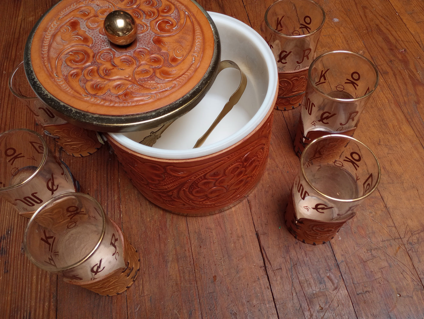 Vintage Tooled Leather Ice Bucket and Tumbler Set