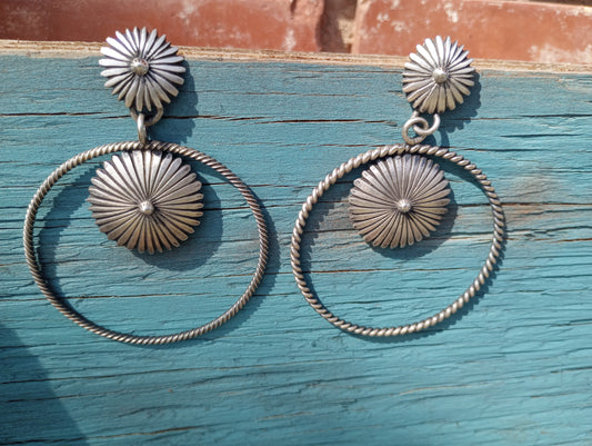 Sterling Silver Dangle Concho Hoop Earrings