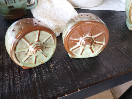 Vintage Frankoma Wagon Wheel Style Salt and Pepper Shaker Set