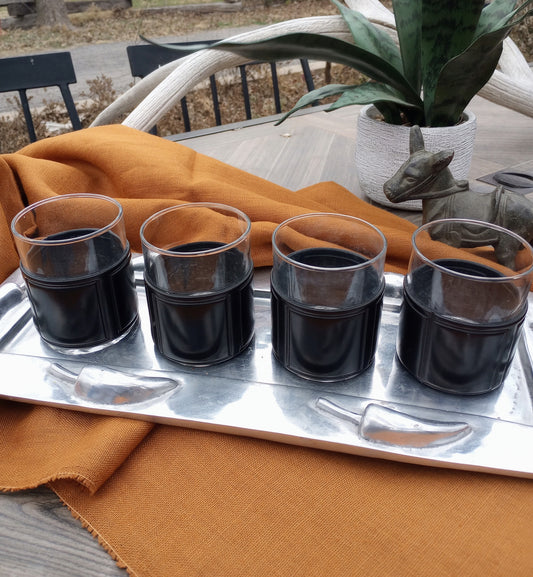 Set of 4 Vintage Glass & Black Vinyl Glasses
