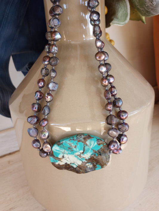 Deep Purple Pearl Necklace with Genuine Turquoise centerpiece