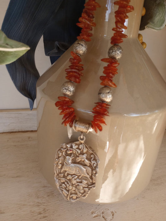 Amber necklace with carved German Silver Large Bull Pendant