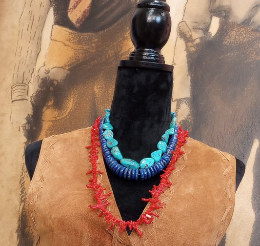 Turquoise Pearls, Lapis Disc, Bamboo Coral Necklace