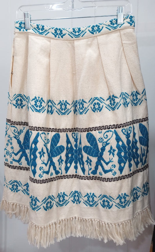 Beautiful Fitted Waist Vintage Skirt With Ivory, Black, and Bright Turquoise Pattern